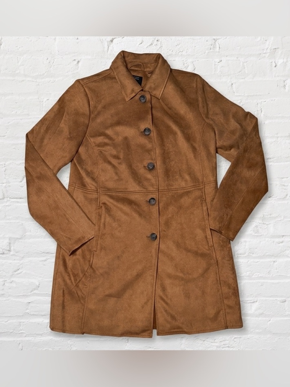 T Tahari Tobacco Brown Faux Suede Button Front Car Coat Jacket Size M EUC